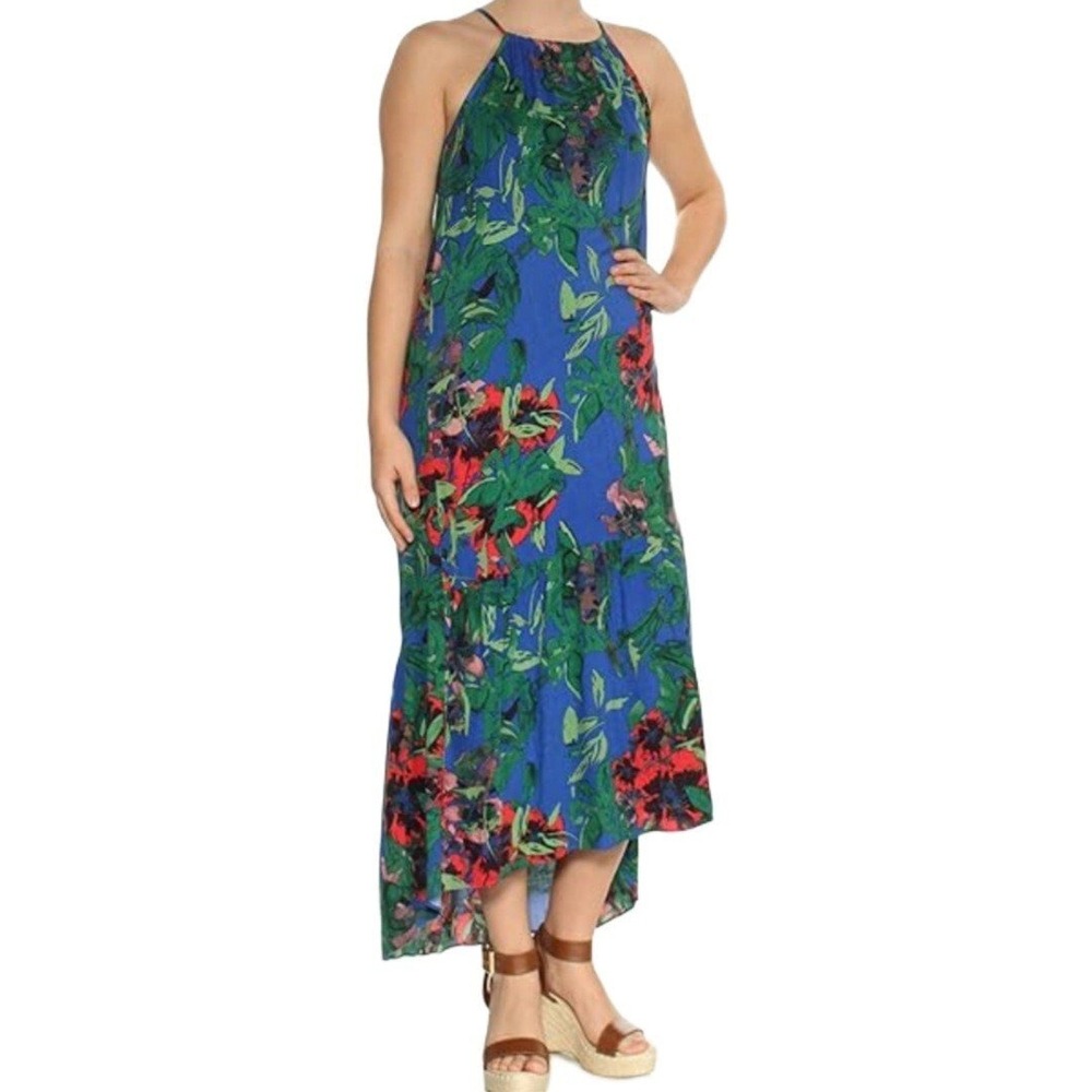 Rachel Roy Floral Halter Midi Dress Blue Green Red Tropical Tiered Size M Beachy